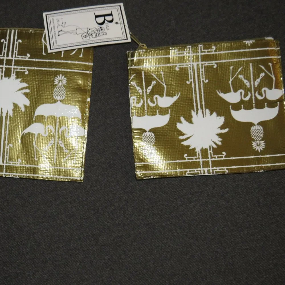 Gold Small Flat Zip Pouches Cosmetic Bags Palm Beach Print